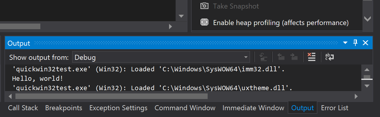Visual Studio's output sub-window