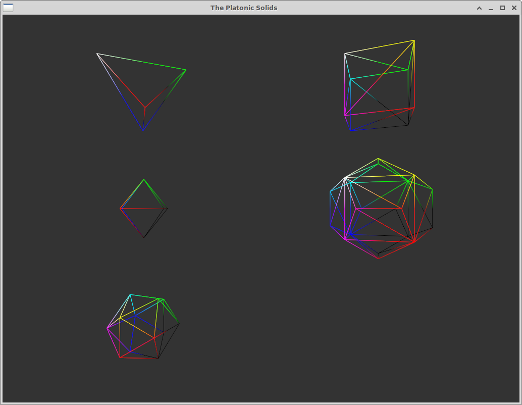 A screen capture of a demo rendering the 5 platonic solids as wireframe meshes.