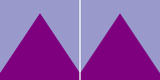 Comparison of two Hello Triangle demos; MSAA with 0 samples (left), and 16 samples (right).