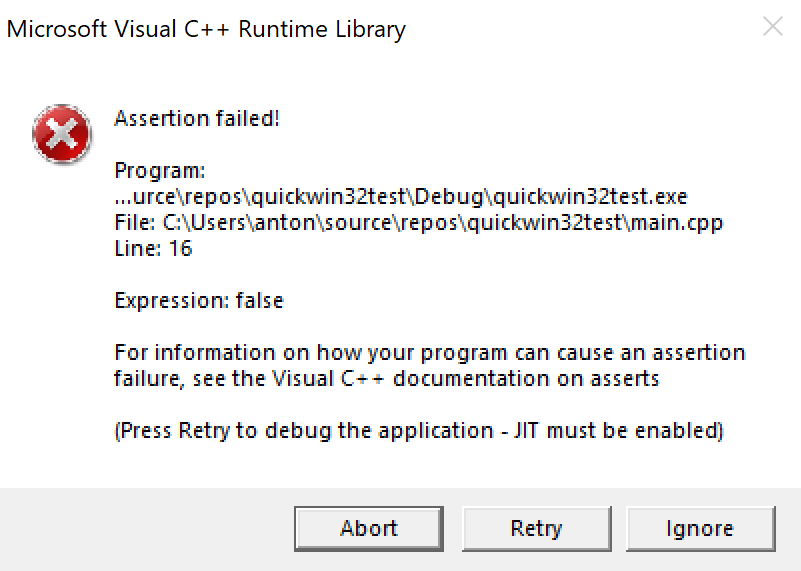 an assertion failure, reported for Visual Studio